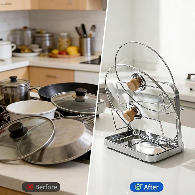 304 Stainless Steel Pot Lid Holder ＆ Spoon Rest While Cooking, Kitchen Storage Rack, Stove Top Organizer for Pan Lids, Multifunctional Cover Stand with Removable Drip Tray - Image 4