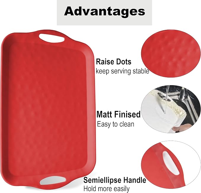 ECOIOU 20x13 inch Extra Large Serving Tray with Handles, Set of 2, Red | Melamine Platters for Serving Food, Turkey, Cookie, Rectangular Trays for Eating, Raised Dots Matt Finished, Dishwasher Safe - Image 4