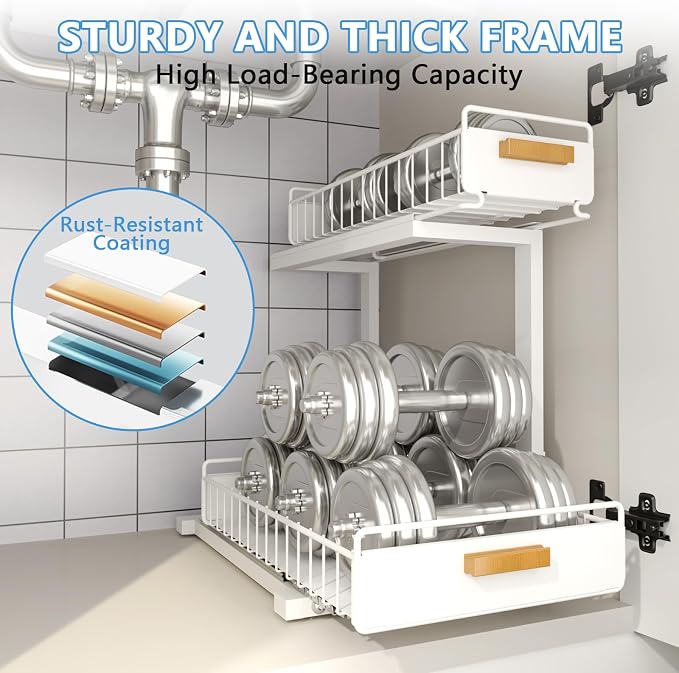 Under Sink Organizer Kitchen - Upgraded Professional Rails, 2 Tier Dual Pull Out Cabinet Storage, Height Adjustable Under Sink Storage, Metal Sliding Drawer for Kitchen & Bathroom, White, 2 Pack - Image 6