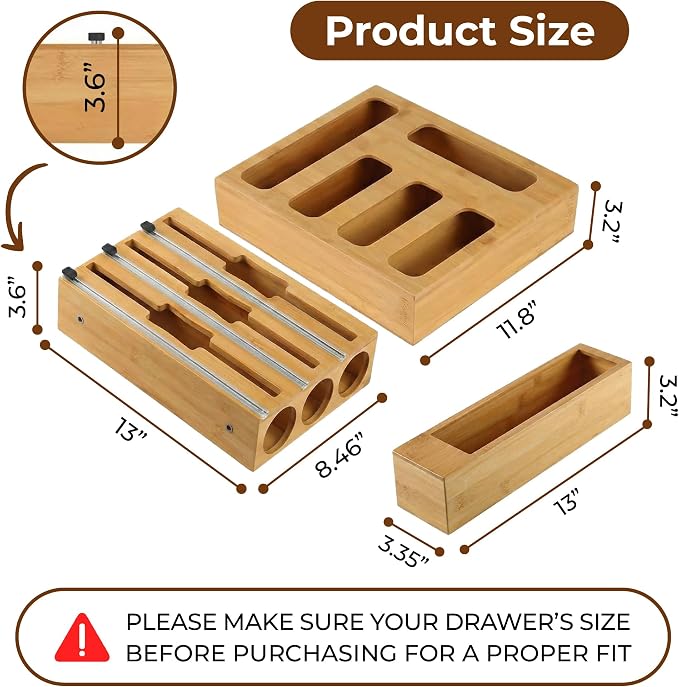 9-in-1 Bamboo Kitchen Drawer Organizer - Storage Bag Holder with Built-In Foil & Wrap Cutter Dispenser - Wooden Food Storage Bag Organizer for Gallon, Quart, Sandwich and Snack Sizes - Image 2