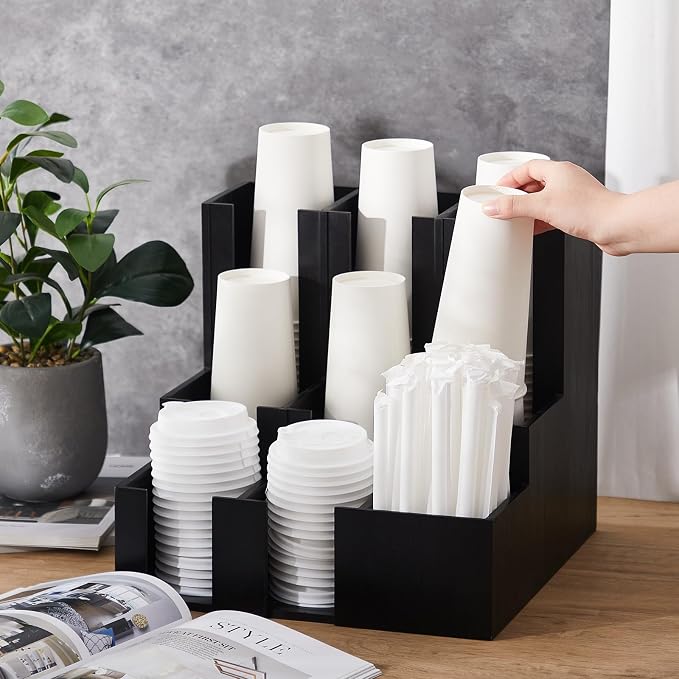 CroBlissful Wooden Vertical Coffee cup and lid dispenser, coffee condiment organizer, 9 Compartment for Disposable Paper & Plastic Cup, for cabinet Station Home Countertop Bar 13''l x 13''w x 12''h - Image 5