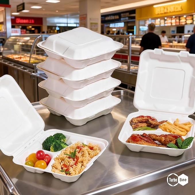 Turbo Bee 100 Pack 8x8inch White 3 Compartment Take Out Containers with Lids, Disposable Clamshell Meal Prep Containers, Divided Lunch Boxes for Catering, Restaurant & Meal Prep - Image 7
