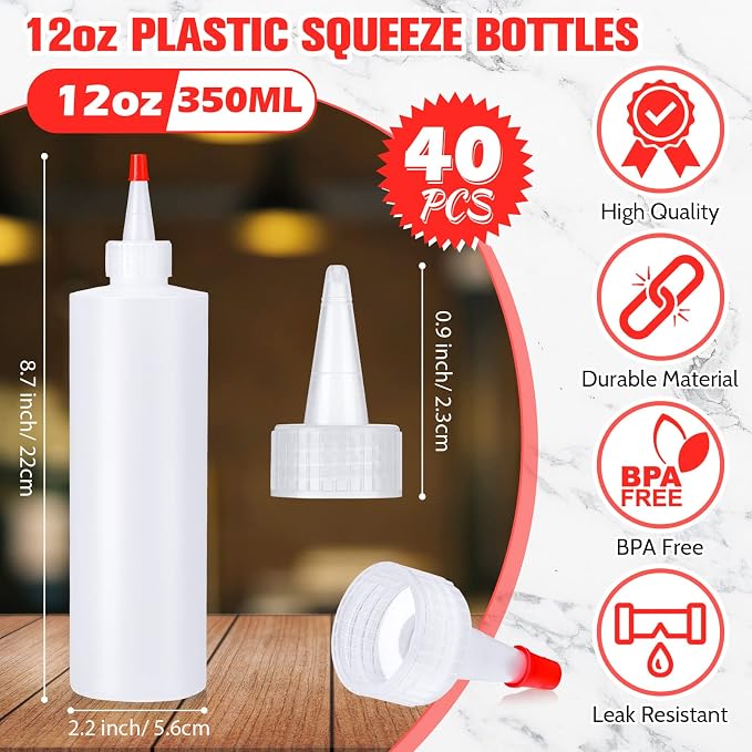 Irenare 40 Pcs 12 oz Plastic Squeeze Condiment Bottles with Red Tip Caps, Empty Squirt Bottle Dispenser Leakproof Refillable Sauce Containers for Paint Dye Ketchup Syrup Oil Dressing Arts - Image 2