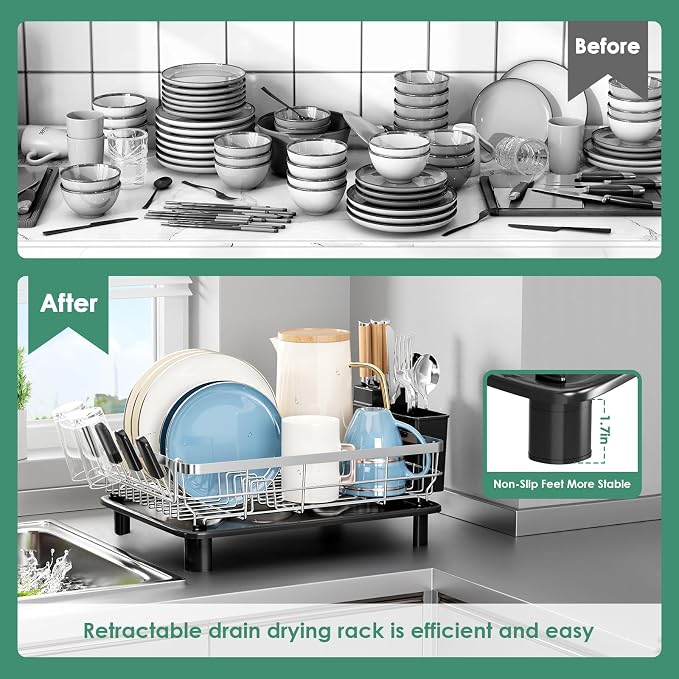 MOUKABAL Stainless Steel Dish Drying Rack for Kitchen Counter, Black Silver | 13×17 Large Capacity/Drainboard with Rotating Spout/Removable Cup & Utensil Holders/Fast Drainage/Countertop Dish Drainer - Image 2