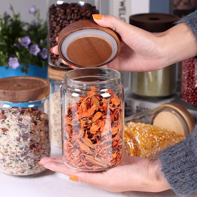 SAIOOL Stackable Kitchen Canisters Set of 8,High Borosilicate Glass Cylinder Airtight Food Storage, sort out the tea, flour, candies, grain easily and clearly | Cylinder Shape, Airtight Food Storage, For Tea, Flour, Candies, Grain, Clear Visibility - Image 5