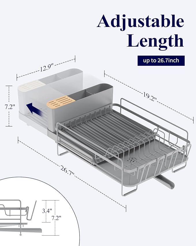 Kitsure Extendable Dish Drying Rack, 19.2"-26.7" L x 12.9" W, Grey | Large Dish Rack, Multifunctional Dish Rack for Kitchen Counter, Anti-Rust Dish Drainers with Cutlery & Cup Holders - Image 2