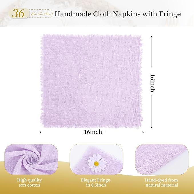36 Pack Lavender Napkins Cotton Linen Napkin 16 x 16 Inch Light Purple Cloth Napkins Handmade with Fringe Soft Washable Rustic Dinner Napkin Cloth for Wedding Party Dinner Table - Image 2