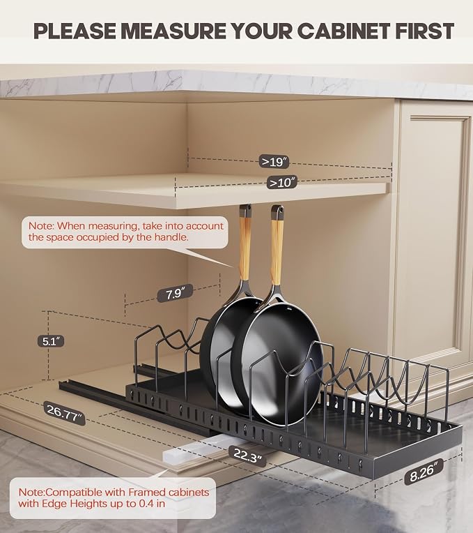 Pull Out Pots and Pans Organizer Under Cabinet, Expandable Sliding Lid Holder and Pan Rack for Kitchen, Slide Out inside Cabinet for Pot Lid, Bakeware, Dishes, 10 Adjustable Dividers, 1 Pack Black - Image 2