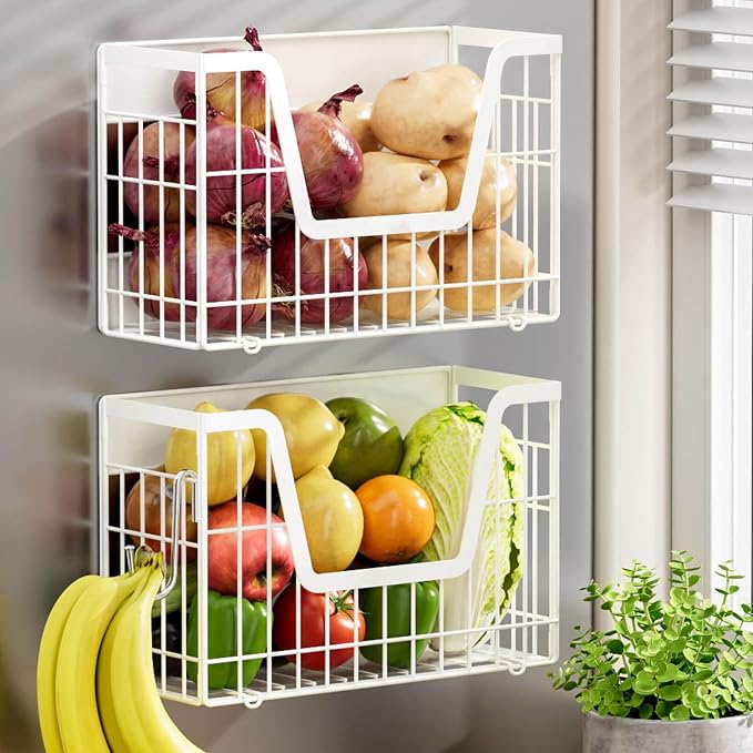 2 Set Magnetic Fridge Shelf, White Magnetic Fruit Basket for Fridge | Potato and Onion Storage Bins, Wire Baskets Magnet Shelves Spice Rack for Refrigerator Laundry Kitchen Organizer and Storage by YIWANFW