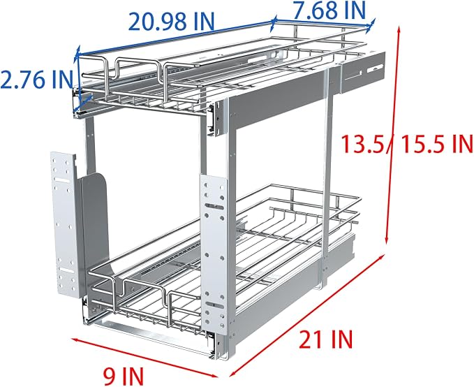 2 Tier Pull Out Cabinet Organizer, 9" W x 21" D Heavy-Duty Metal Sliding Drawer Shelf for Kitchen Cabinets, Chrome, Doesn't Include Door Fittings - Image 2