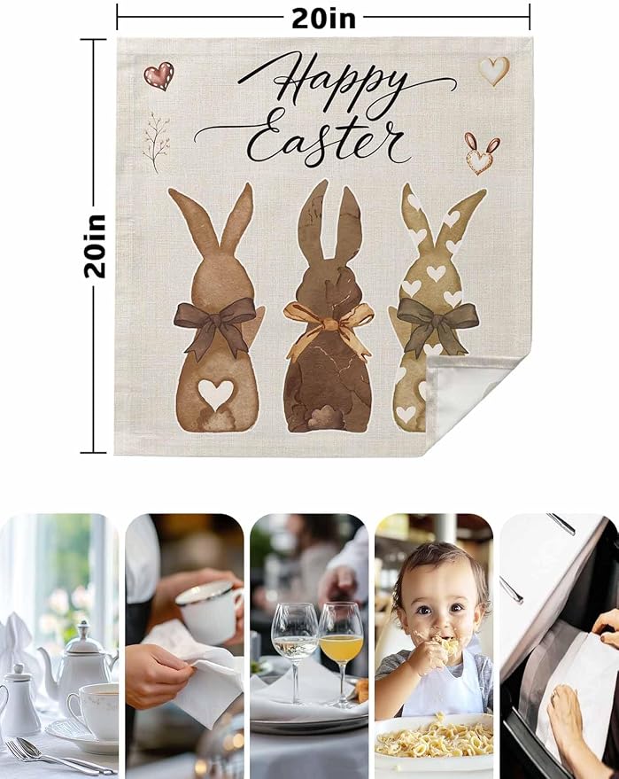 Kitchen Dinner Napkins Set of 6, Happy Easter Cloth Napkins Reusable Washable Table Napkins for Weddings Cocktail Parties Holiday Table Decor 20x20 Inch Brown Bunny Vintage Burlap Backdrop - Image 3