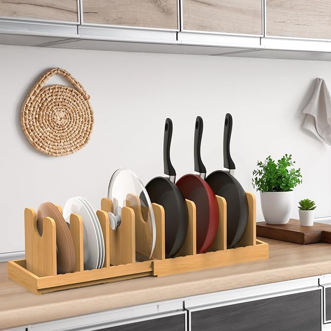 Pots and Pans Organizer under Cabinet,Pot and Pan Organizer,Lid Organizer | Expandable Bamboo Pan and Lid Organizer, 16" to 28" Adjustable Length and 10 Dividers - Image 2