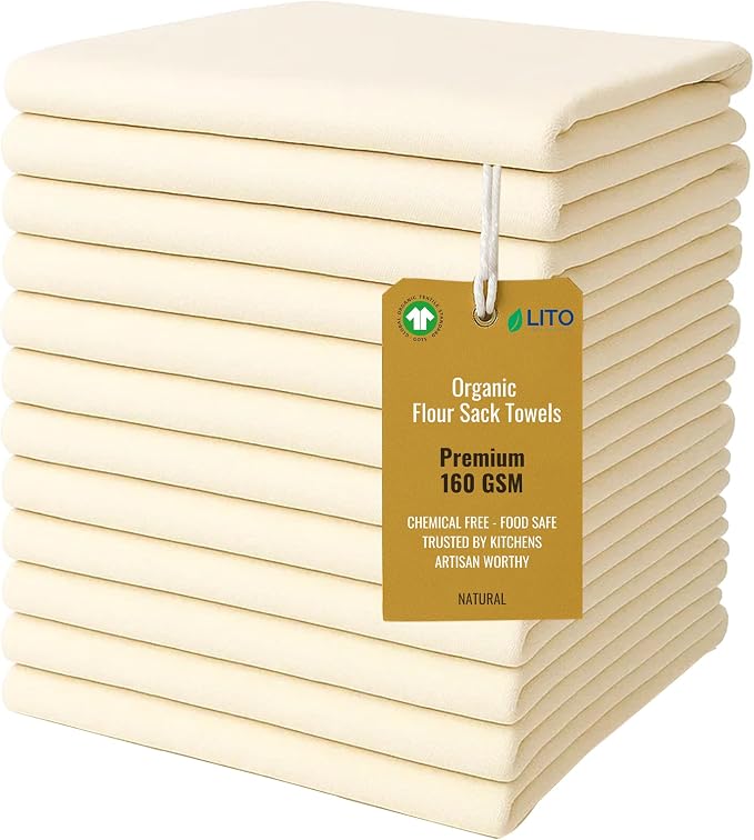 GOTS Certified 100% Organic Cotton Flour Sack | Tea Towel for Crafts| Kitchen Hand and Dish Towel Sets | Baking Bread Proofing Linen Cover| Super Absorbent | 12 Pack 28"x28" Extra Large | Natural Tan by LITOLinenandTowel