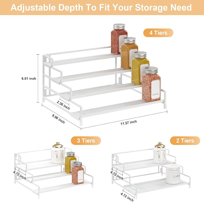 RUILALIFE 4-Tier-Spice-Rack-Organizer-for-Cabinet, Adjustable Depth Spice Holder Shelf For Countertop Pantry Cupboard, Metal Tiered Seasoning Organizer,Display Shelf Riser (White-2 Pack) - Image 3