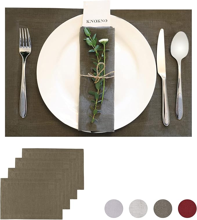 KNOKNO Home Pure Hemp Placemats 18 x 12 Inch Set of 4 Handcrafted with Mitered Corners Natural Fabric,Machine Washable Table Mats for Dining Tables (Moss Green, Placemats | Set of 4) by KNOKNO