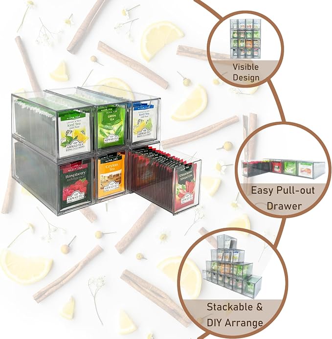 AZEZO 6-Pack Tea Bag Drawers Organizer - 6 Clear Plastic Drawer Tea Bag Holder; Stackable & Portable; Wider Size; Well-Organized Storage for Tea Bags Storage Chests；High Volume - Image 4