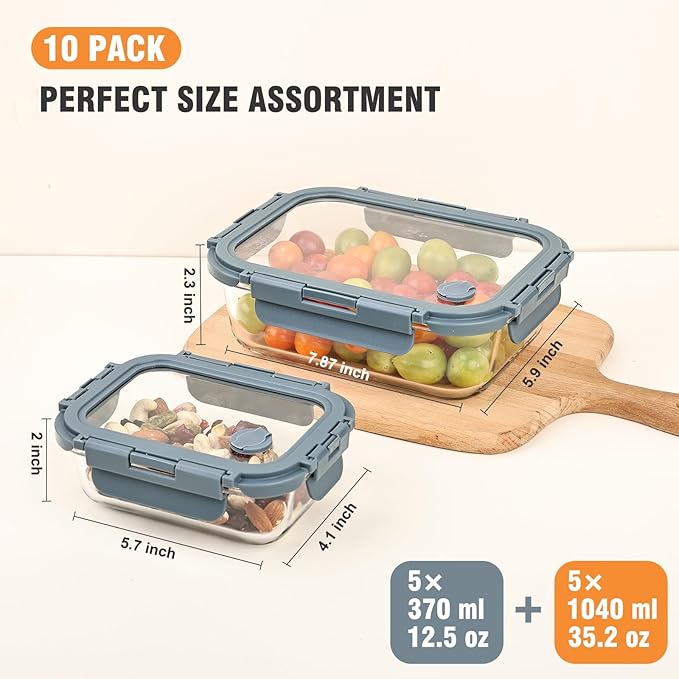 Liuruiyu 10 Pack Glass Food Storage Containers with Glass Lids, Airtight Meal Prep Containers, Leak-Proof Bento Boxes for Microwave, Oven, Freezer & Dishwasher, BPA-Free - Image 7