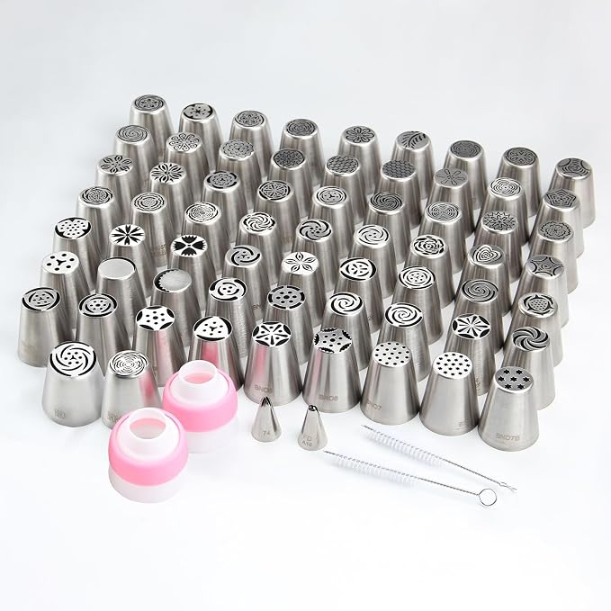 82Pack Large Russian Flower Nozzles for Cake Decorating Stainless Steel Buttercream Bouquet Nozzles,Includes 65 Large Flower Nozzles,2 Leafs, 2 Converters,2 Brushes,1 Silicone,10 Framing Bags - Image 2