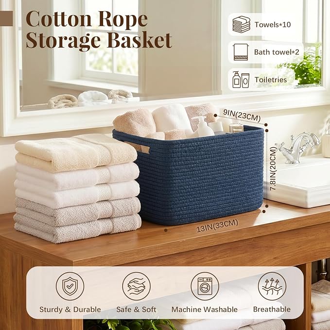 OIASKET 4Packs Natural Cotton Rope Storage Baskets for Organizing Toys, Clothes, Towels & Books, Soft Versatile Organizers for Shelves, Home Decorative Bins, 13''Lx9''Wx7.8''H, Blue - Image 2