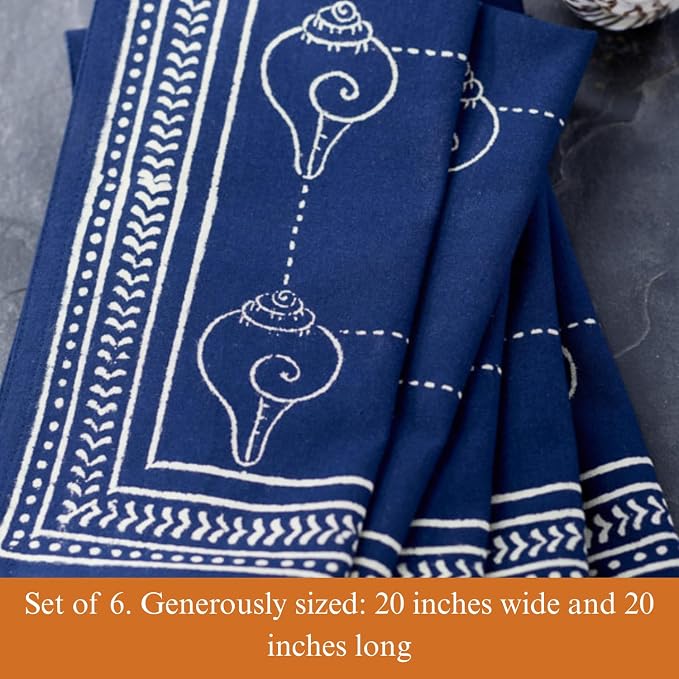 100% Blue Cotton Dinner Napkins, Set of 6, Hand Printed Pacific Blue Design, Fair Trade, Washable Cloth Napkins for Parties & Cocktails 20x20 in - Image 4