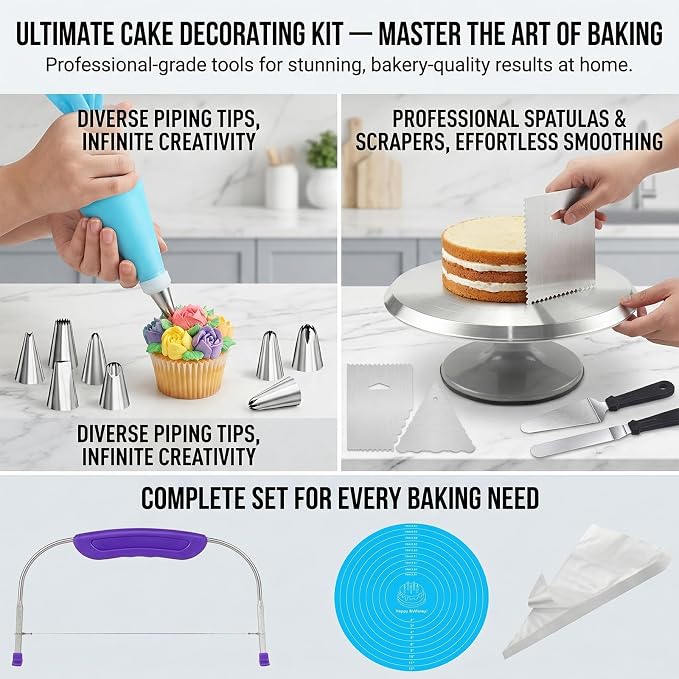 Cake Decorating Supplies Kit with 12" Aluminum Rotating Cake Turntable Stand, Professional Baking Tools, Cake Leveler, Spatulas & Scrapers, Complete Kit for Birthday & Wedding Cakes(74Pcs) - Image 6