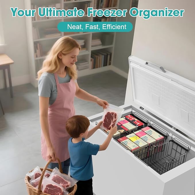 Freezer Organizer Bins, 2 Pack Expandable Stackable Chest Freezer Containers with Hanging Handles, Adjustable From 14.6" to 24.8" Storage Baskets for Fridge, Deep Freezer, Cabinet, Kitchen, Pantry - Image 8