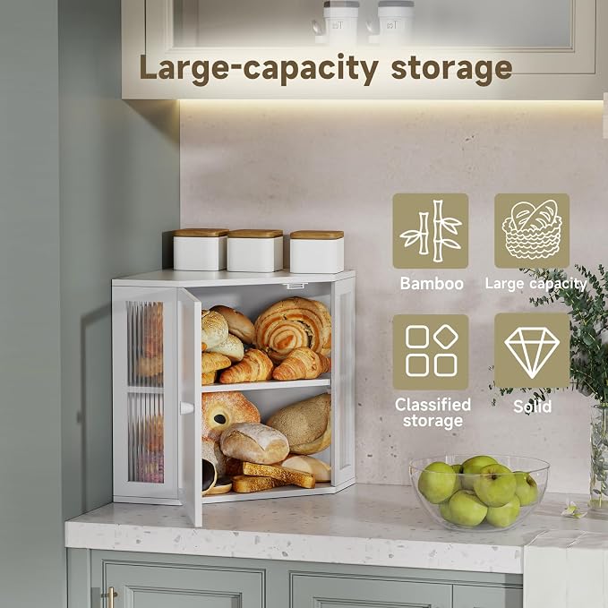 Corner Bread Box for Kitchen Countertop,Bread Storage Bin (White, Medium) | Double Layer Large Capacity Bamboo Bread Container with Acrylic Door,Height Adjustable - Image 6