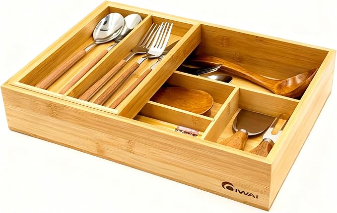 2-Tier Drawer Organizer with Removable Cutlery Tray Kitchen Utensil Silverware Drawer Organizer, Silverware Tray for Drawer Utensil Holder Bamboo Flatware Box for Utensils Stationery Cosmetics (M) by 100NaturalBambooFurniture