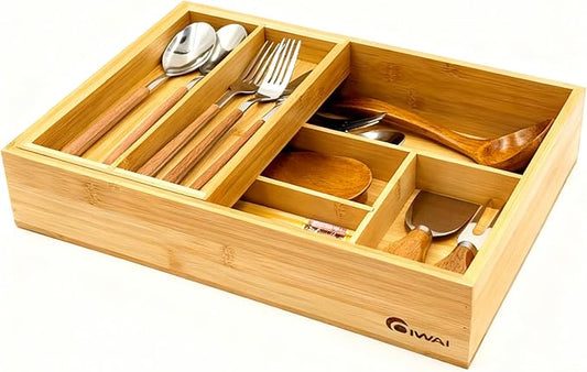 2-Tier Drawer Organizer with Removable Cutlery Tray Kitchen Utensil Silverware Drawer Organizer, Silverware Tray for Drawer Utensil Holder Bamboo Flatware Box for Utensils Stationery Cosmetics (M) by 100NaturalBambooFurniture