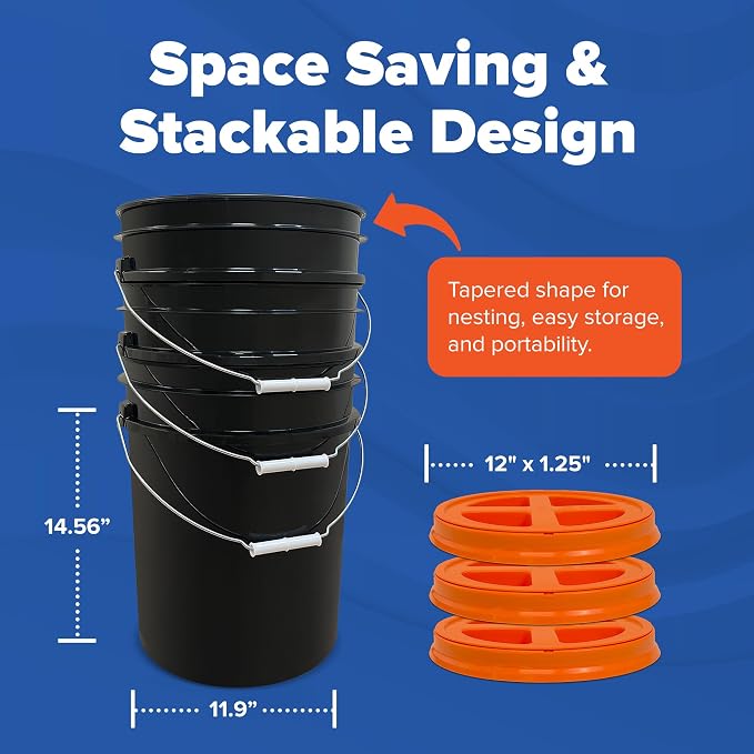 5 Gallon Bucket - Food Grade w/Lid BPA-Free, Black/Orange, 6 | Airtight Gamma Seal Screw-On Lid, Heavy-Duty 90 Mil HDPE Plastic, Food Safe and Durable Container, Bulk Storage, Made in USA - Image 2