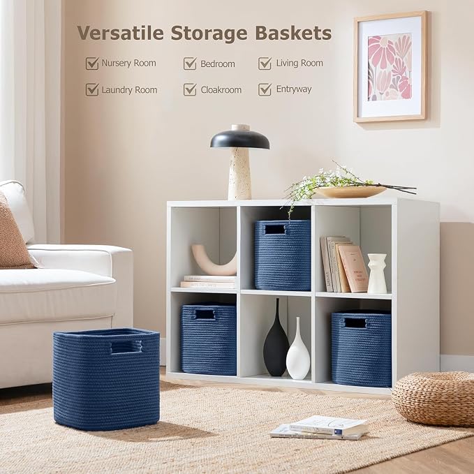 UBBCARE Set of 4 Cotton Rope Basket 12 X 12 X 12 Inches, Woven Storage Baskets for Shelves, Organizing with Handles, Cube Storage Bins for Storage Books, Magazines, Navy Blue - Image 2