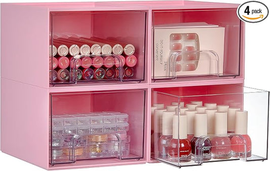 Vtopmart 4 Pack Small Clear Stackable Storage Drawers, Pink | Bathroom Makeup Accessories Organizer, Plastic Bins For Desk, Vanity, Undersink, Medicine Cabinet ,Home Organization by Vtopmart