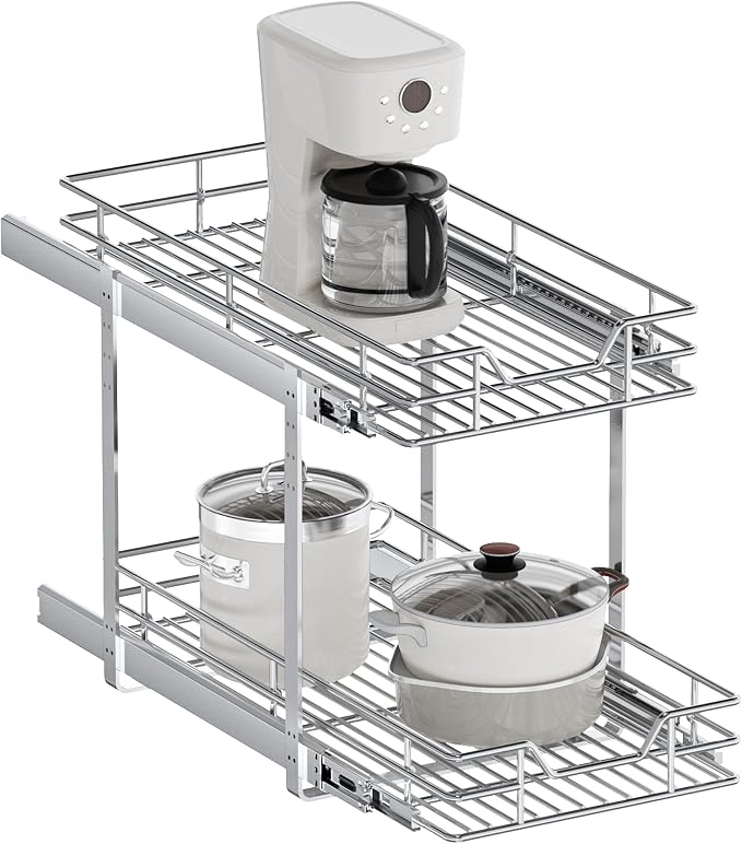 2-Tier Pull Out Cabinet Organizer, 12.5" W x 21.5" D, Heavy Duty Dual Slide Out Shelves for Narrow Base Cabinets, Chrome Wire Basket Drawer for Spices, Bottles & Snacks by Unknown