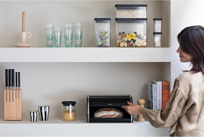 Brabantia Roll Top Bread Box | Medium | Matt Black | Large Metal Front Opening Bread Store for Kitchen Countertop | Partly Flat Top for Extra Storage, Magnet Closing Lid | Fits 1 Loaf - Image 7