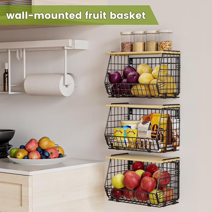 Hanging Fruit Basket for Kitchen, 3 Pack Vegetable Produce Basket | Wall Mounted & Countertop Wire Storage Basket for Potato Onion Fruits Vegetables, Pantry Organizers Storage - Image 5
