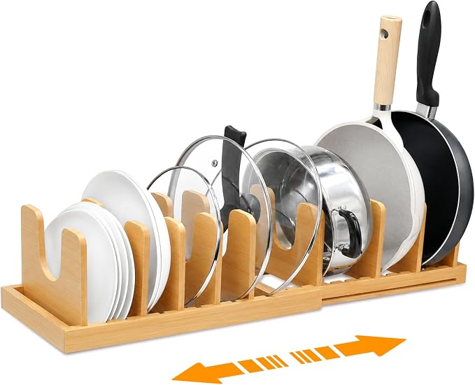 MinBoo Bamboo Expandable Pot Lid Organizer, Pot and Pan Organizer Drawer Organizer for Pot Lids, Adjustable 10 U-Shaped Dividers for Kitchen Cabinet Organizers and Storage (Bamboo-1) by MinBoo