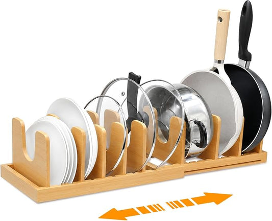 MinBoo Bamboo Expandable Pot Lid Organizer, Pot and Pan Organizer Drawer Organizer for Pot Lids, Adjustable 10 U-Shaped Dividers for Kitchen Cabinet Organizers and Storage (Bamboo-1) by MinBoo