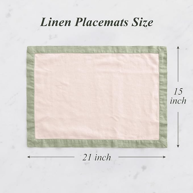 Linen World 100% French Linen Placemats Set of 4,21 x 15 Inch Double Layer Table Mats,Washable Heavyweight Placemats for Holiday Dining Kitchen Decor,Blush Pink with Sage Green Contrast Border - Image 4