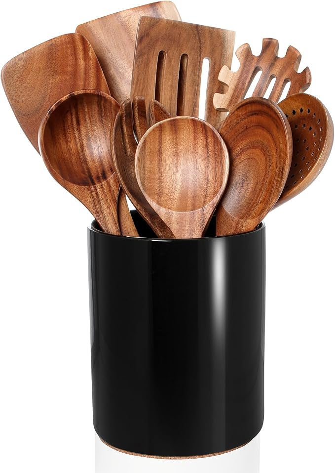 Wooden Cooking Utensils Set with Ceramic Holder,10pcs Teak Wood Utensils | Holder for Countertop with Protection Cork Bottom, Nonstick Spoons, Cooking Spatula Set, Kitchen Decor, (Black) by Nucookery