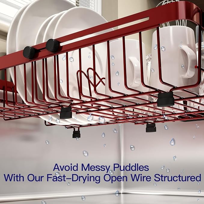 Red Dish Drying Rack Over The Sink with Utensil Holder, Mat | Expandable Stainless Steel Dish Drainer for Small Kitchen, Apartment, RV, Counter Space Saving, Perfect Fit, Rustproof - Image 4