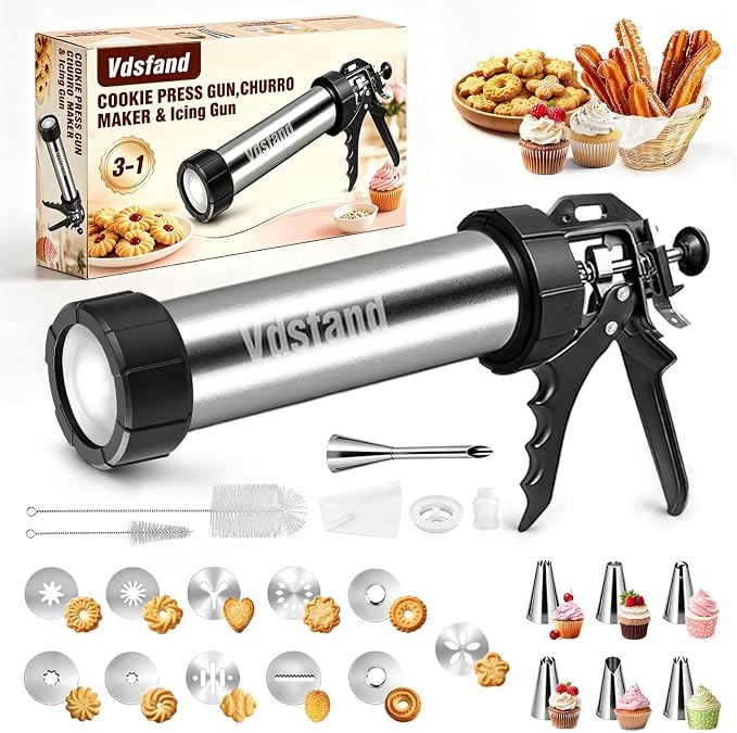3-in-1 Cookie Press and Churro Maker, Stainless Steel Baking Gun | 11 cookie discs, 6 piping tips, filling nozzle, reusable piping bag, 2 cleaning brushes, for cookies, churros and icing by Vdsfand