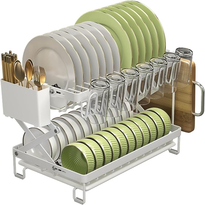Good Grips Carbon Steel Fold Flat Dish Drying Rack, 2-Tier, with Drainboard, for Kitchen Counter, Collapsible (White) - Image 2
