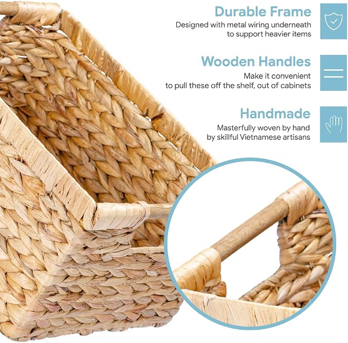 VATIMA Large Rectangular Wicker Basket with Wooden Handles for Shelves and Storage - Natural Water Hyacinth Basket for Organizing, 14.5 x 10.3 x 7.5 inches - Image 3