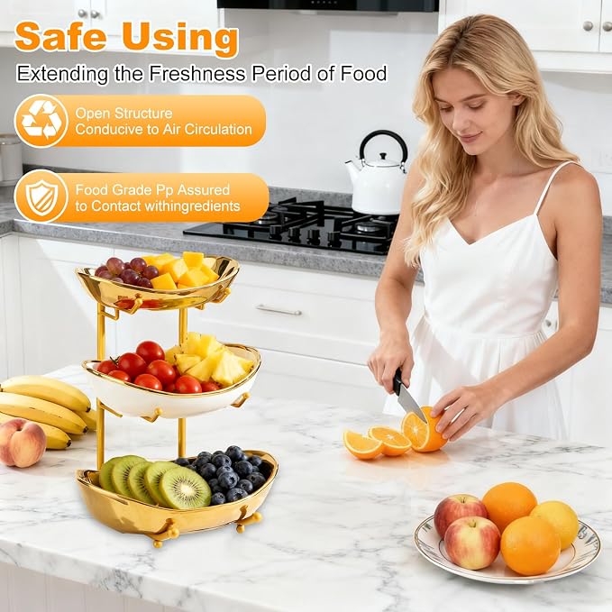 3 Tier Fruit Bowl for Kitchen Counter,Ceramic Bowl with Gold Metal Stand,3 Tier Fruit Basket for Vegetable Bread Candy Snack Nuts Dessert Cake Tray (Gold) - Image 7