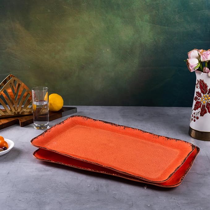 LEHAHA Melamine Serving Tray/Platters Set of 2, 17.5" x 10", 2-Piece Large Rectangular Melamine Platter Set for Serving Food, Orange - Image 5
