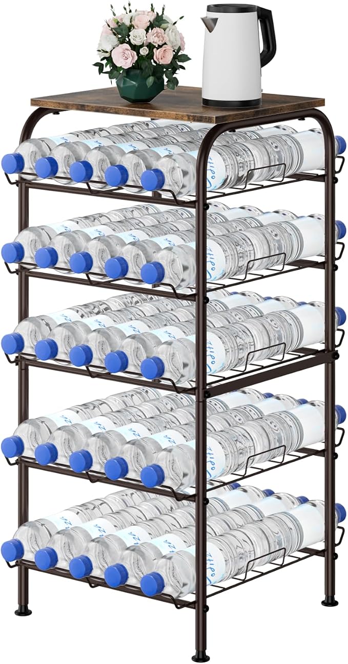 smusei Water Bottle Organizer 5 Tier Free Standing Water Bottle Holder Rack Large Capacity Bottled Water Storage Rack Metal Soda Can Beverage Drink Stand Shelf for Kitchen Pantry Office, Brown by smusei