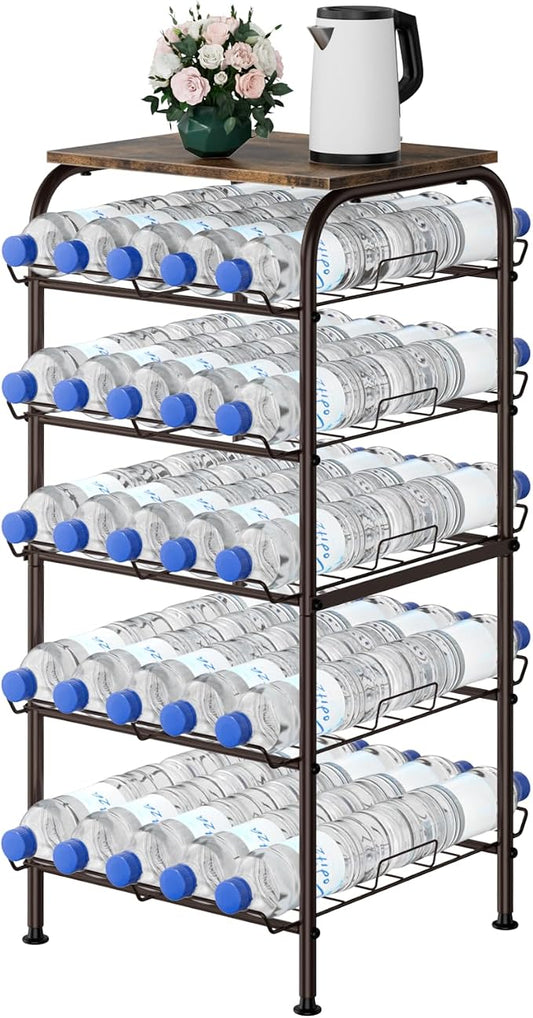 smusei Water Bottle Organizer 5 Tier Free Standing Water Bottle Holder Rack Large Capacity Bottled Water Storage Rack Metal Soda Can Beverage Drink Stand Shelf for Kitchen Pantry Office, Brown by smusei