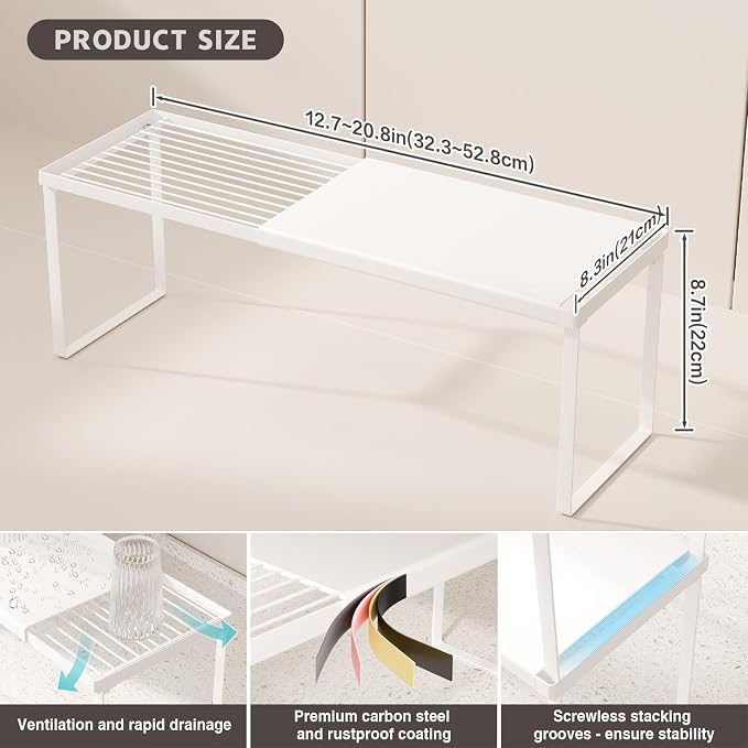 Magheo Expandable Kitchen Countertop Organizer, 1 Pack Stackable Cabinet Shelf Risers, Metal Spice Rack Heavy Duty Counter Organizer Storage for Kitchen, Pantry, Cupboard, Rv (8.7in Height,White) - Image 6