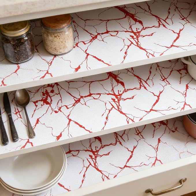 Red Marble Pattern Shelf Liner, Non-Adhesive Non-Slip Thickened | Drawer Liner Easy to Clean for Kitchen Cabinets, Tool Box, Refrigerator, Knife & Tape Measure17.3×236.2in - Image 5