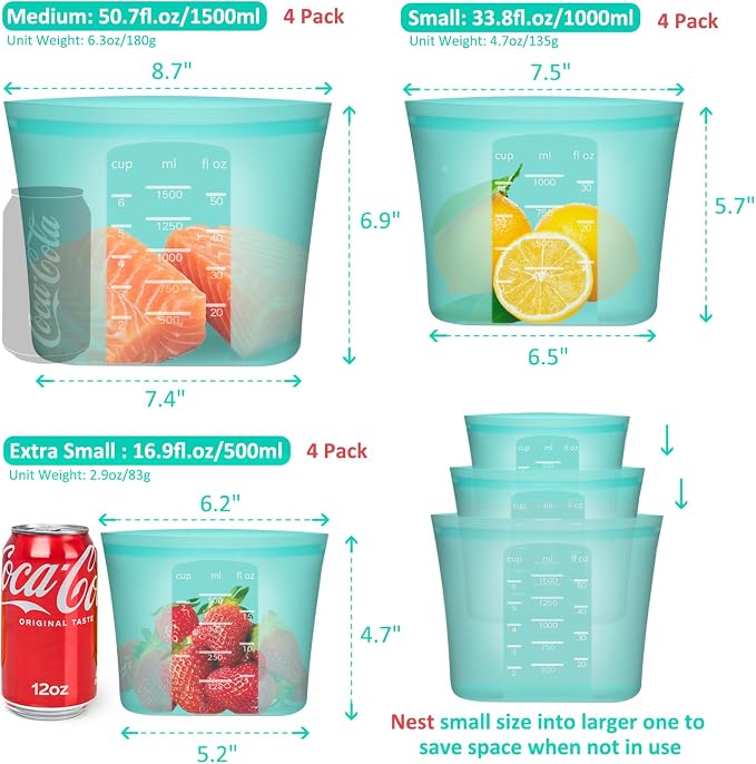 Reusable Food Bags, 12 Pack 100% Silicone Food Storage Bags Stand Up Zip Lock Container, Freezer Microwave Oven Dishwasher Safe, 4 Medium 4 Small 4 Extra Small, Aqua - Image 3